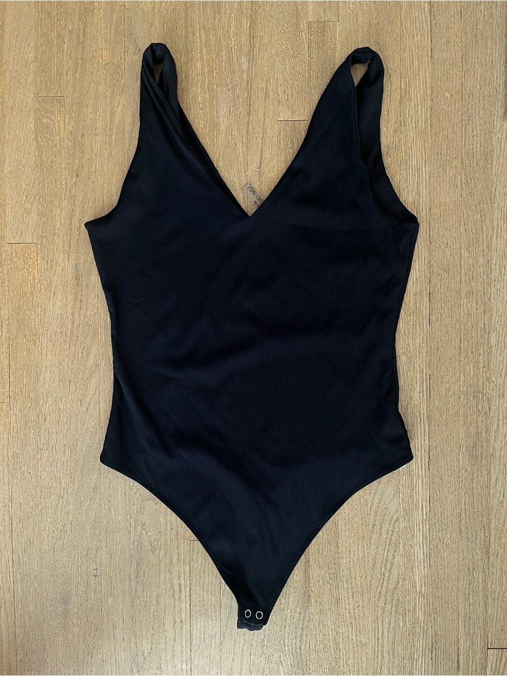 Second Skin Black Ribbed V-Neck Bodysuit Valentina